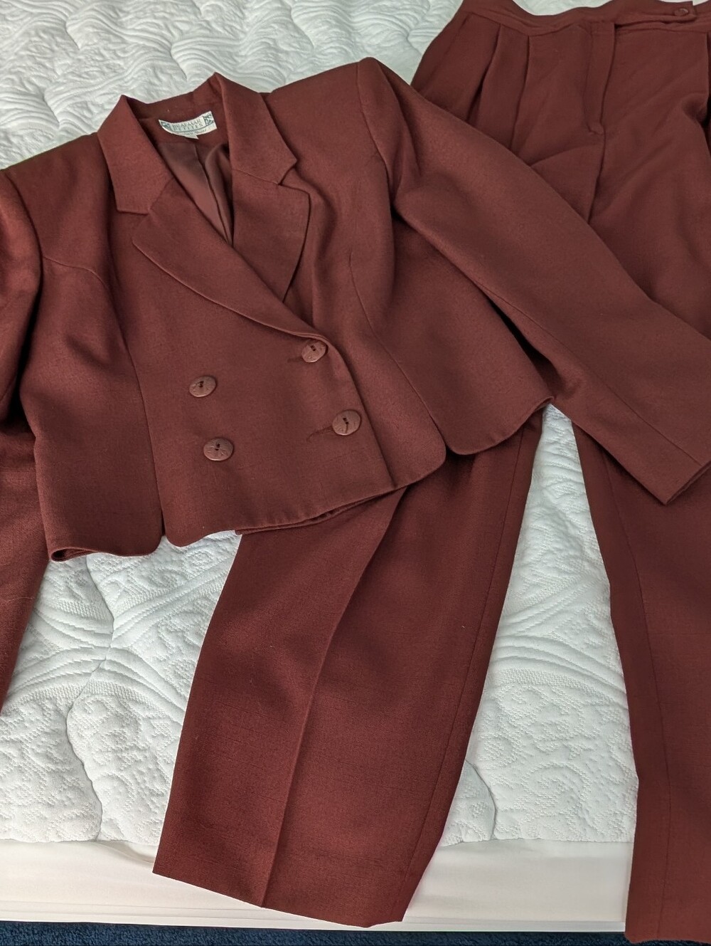 Women's Double-Breasted Cropped Suit Jacket in Deep Rust With Pleated Pants